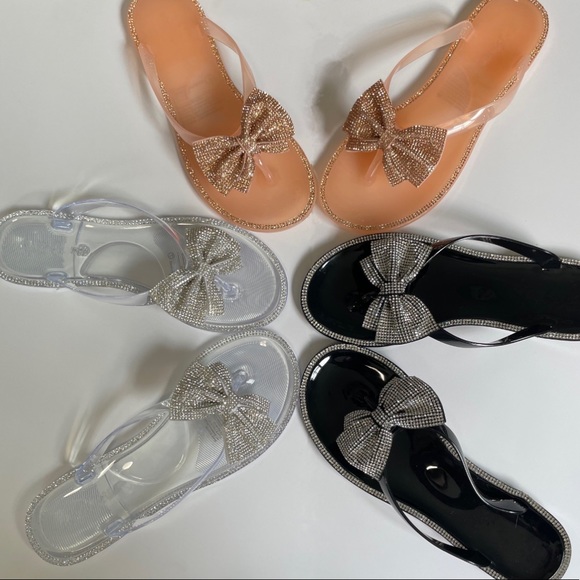 Clear Jelly Rhinestone Bow Thong Sandals - Picture 5 of 9